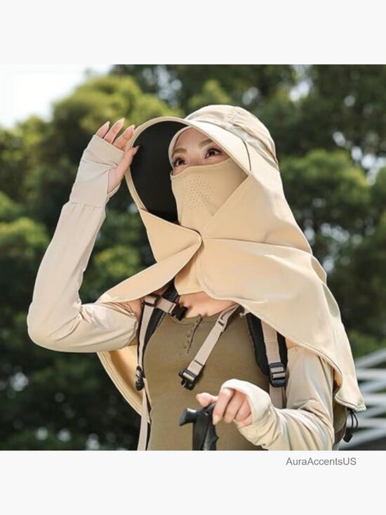 UPF50+ Sun Hat with Face Mask & Shawl, Large Brim, Lightweight, Outdoor